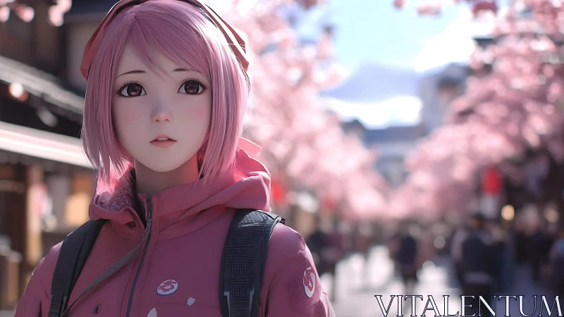 Pink haired traveler strolling under gentle cherry blossoms.