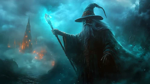 Mystic blue-robed wizard in cinematic nocturnal fantasy scene.