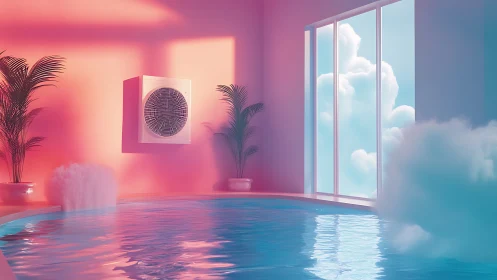 Surreal indoor poolscape integrates HVAC unit and pastel clouds