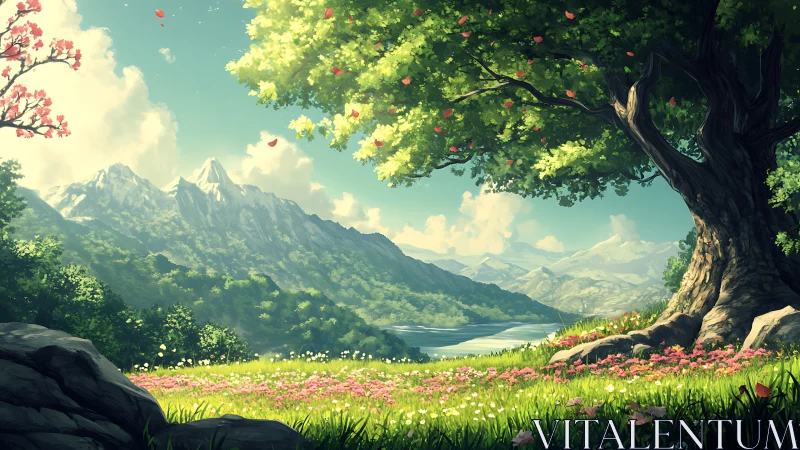 Sunny alpine valley rendered as luminous digital landscape