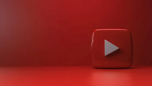 Glossy 3D YouTube Play Button Icon on Vibrant Red Background.