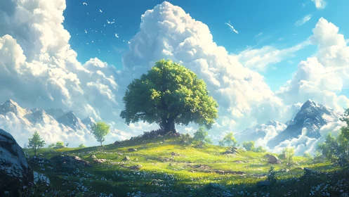 Isolated tree on elevated meadow with distant mountain range.