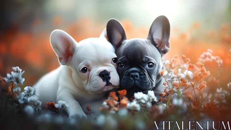 Snuggly Frenchie puppies sharing quiet magic in flowers.