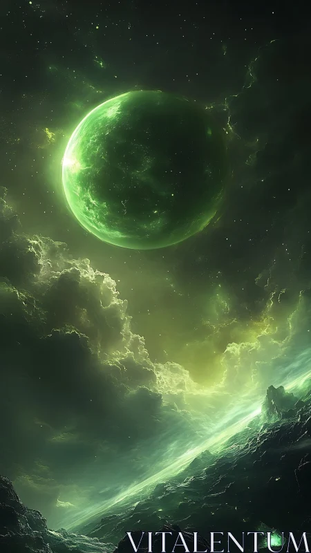 Emerald planet rises above storm-wreathed alien horizon.