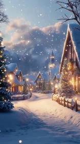 Snowlit alpine village lane under golden winter dusk glow.