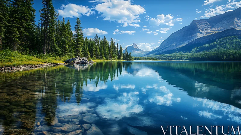 Peaceful mountain lake mirroring bright skies and pines.