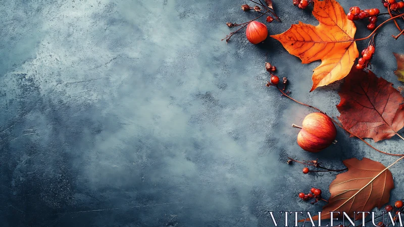 Photographic autumn still life on textured slate backdrop.