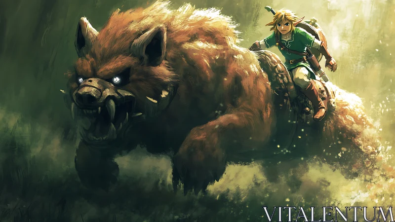 Sword-bearing rider on large boar-like beast in motion.