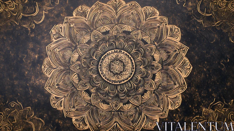 Ornate golden mandala blooms over textured dark canvas.