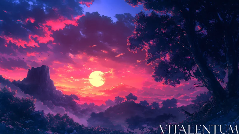 Vibrant fantasy forest sunset with glowing full moon.