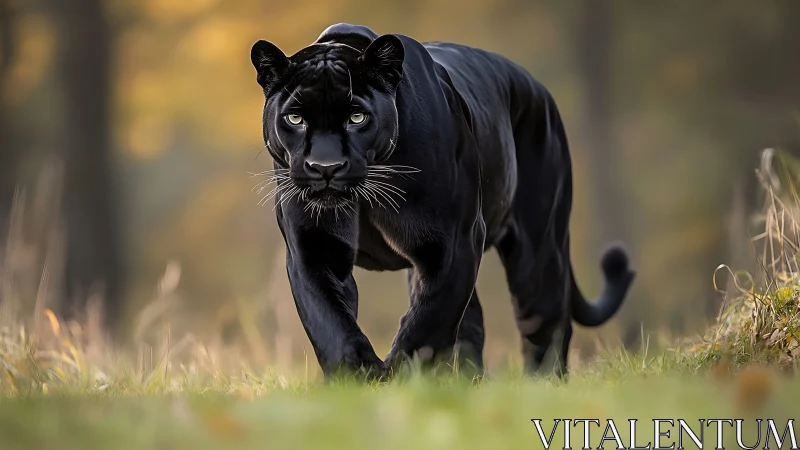 Black Panther Stalks Through Golden Grassland