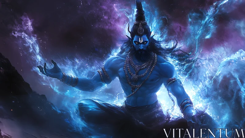 Blue cosmic deity in meditative power pose amid energy.