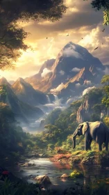 Elephant in lush mountain valley under dramatic sunset sky.
