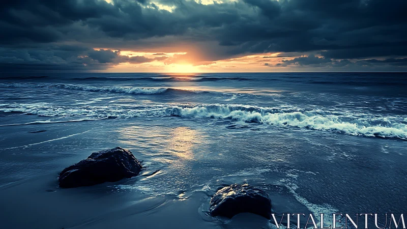 Moody ocean shoreline at sunset with waves and dark clouds.