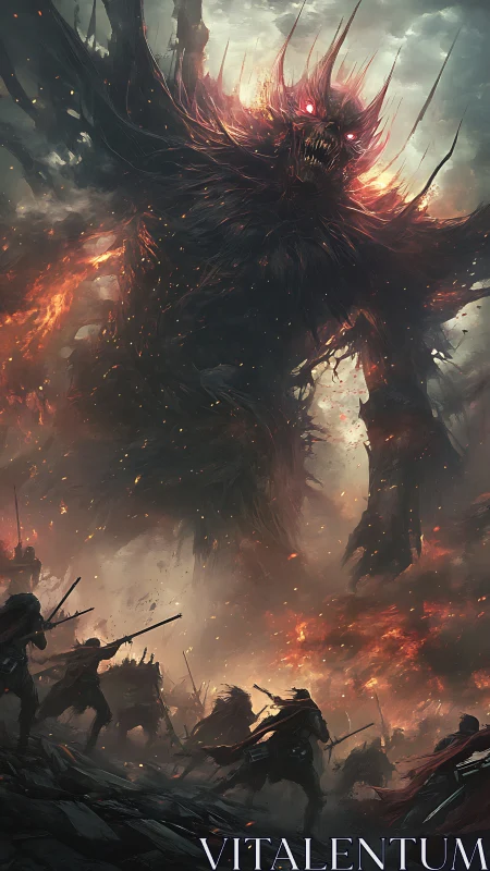 Colossal infernal titan dominates battlefield in dynamic chiaroscuro