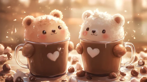 Digital painting of kawaii bear latte art in heart mugs.