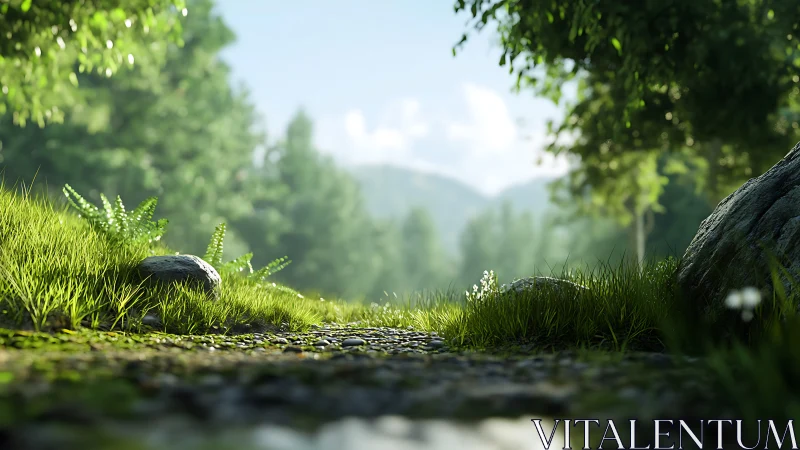 Sunlit Forest Stream Path with Canopy Framing.