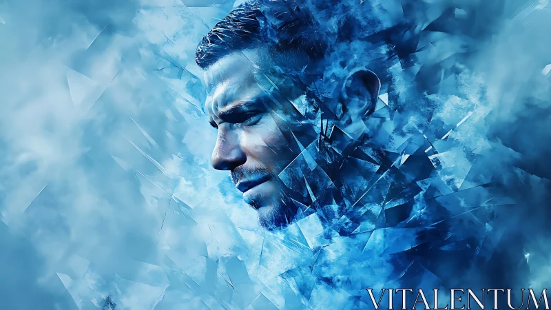 Male profile rendered within fragmented blue digital shards