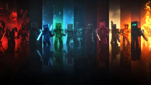 Colorful pixel warriors stand united in a glowing arena