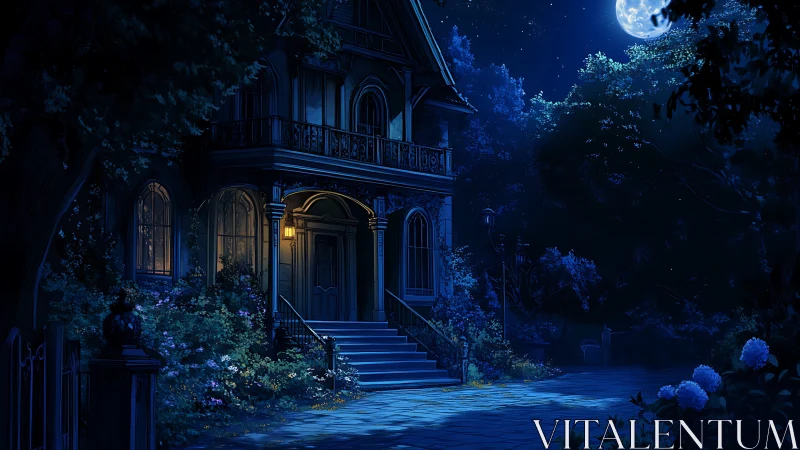 Victorian mansion under cobalt moonlit garden shadows.