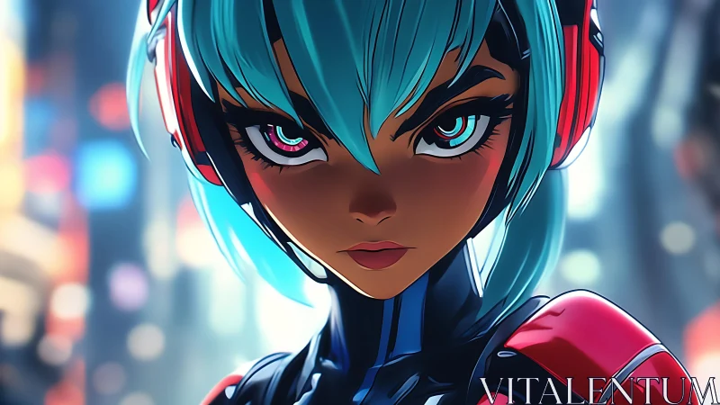 Cybernetic heroine with teal hair in neon city close-up.