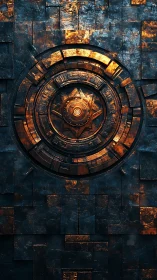 Radial copper sigil embedded in oxidized steel wall.