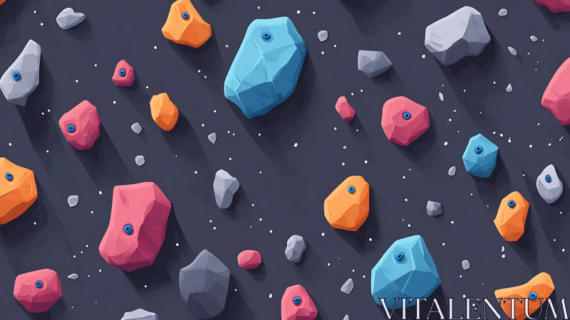 Color-coded indoor climbing wall holds on dark textured panel