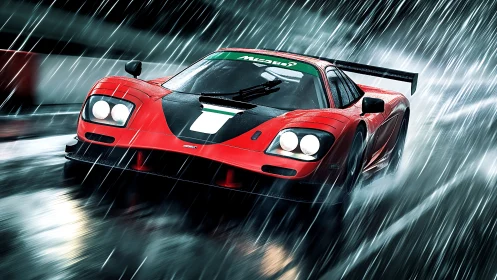 Red race car powers through heavy rain on a slick track