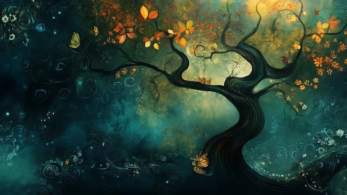 Enchanted golden tree glows softly in a swirling teal night