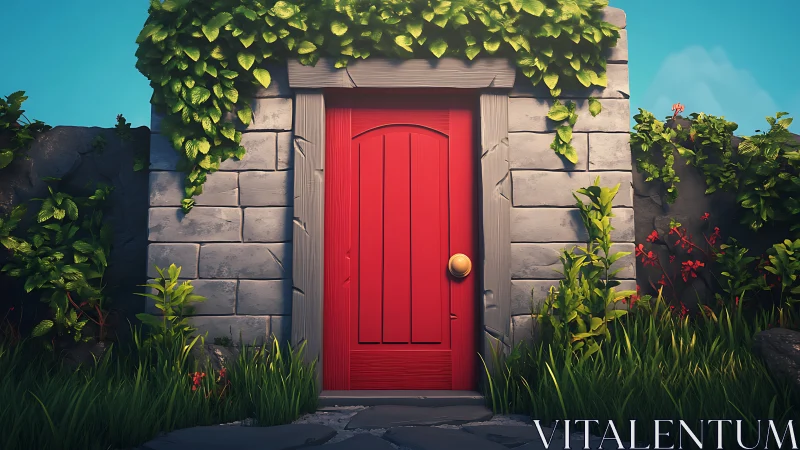 Crimson Gateway: Where Stone Embraces Emerald Dreams.