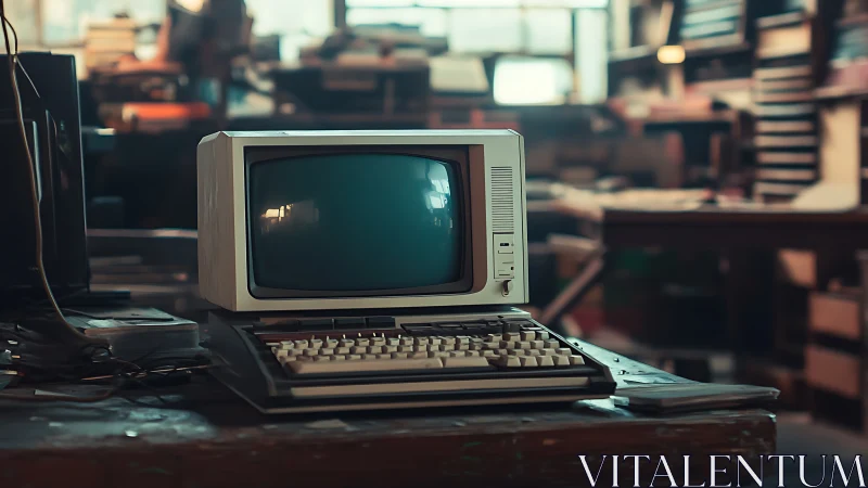 Retro desktop computer sits idle on cluttered workshop desk