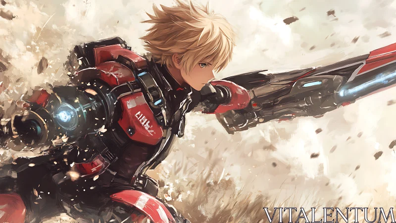 Cyborg soldier charges through debris with energized rifle.