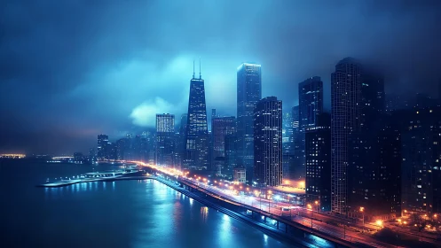 Neon shoreline skyline under stormy midnight cobalt glow.