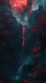 Crimson waterfall divides a mist-laden nocturnal canyon