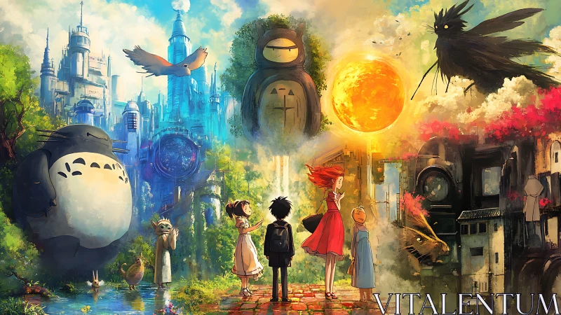 Children stand between lush forest and neon city under burning sun