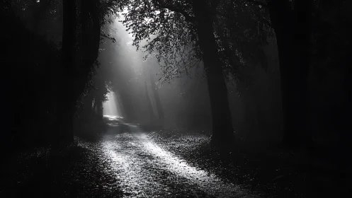 Monochrome forest track under directional backlighting.
