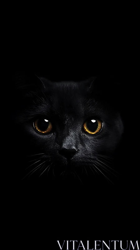 Black Cat with Amber Eyes Against Dark Background