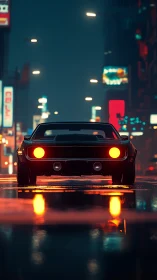 Retro muscle car headlights dominate wet neon-lit night street