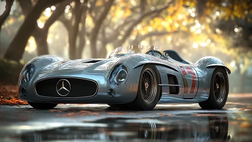 Silver classic Mercedes race car stands on wet tree-lined road