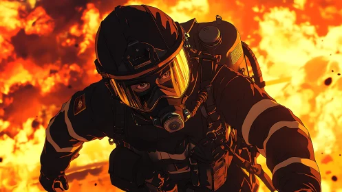 Brave Firefighter Battling Intense Flames with Courage