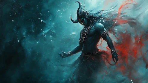 Horned humanoid entity in swirling teal and red mist.