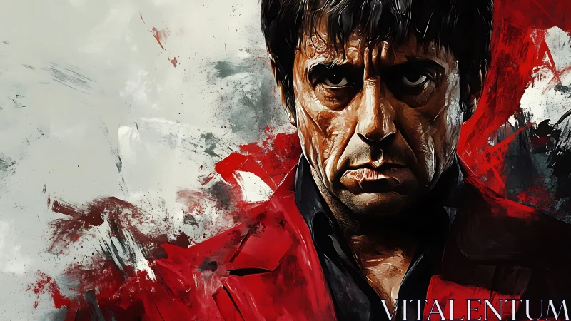 Intense painted portrait broods amid raw red brushstrokes