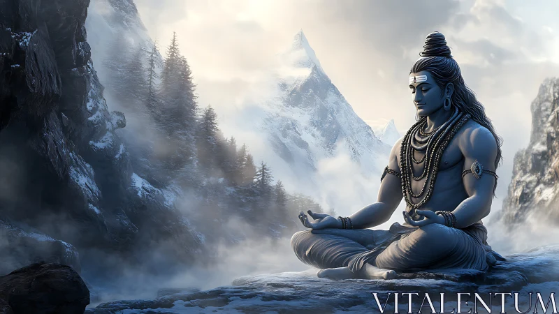 Serene Himalayan meditation with a calm blue deity figure.