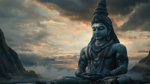 Monumental Shiva sculpture in mist-laden mountain valley panorama.