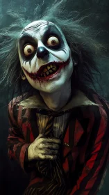 Wild-eyed circus ghoul leans close with crooked, eerie grin