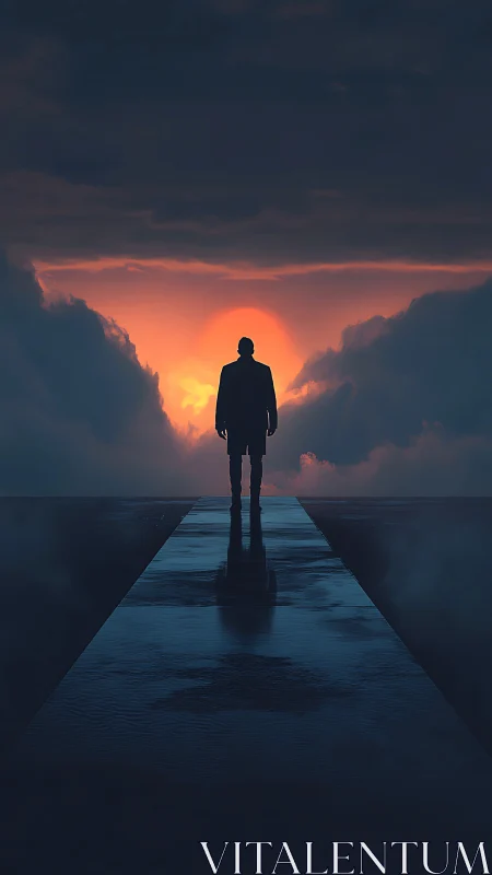 Silhouetted Figure on Reflective Causeway at Sunset Horizon.