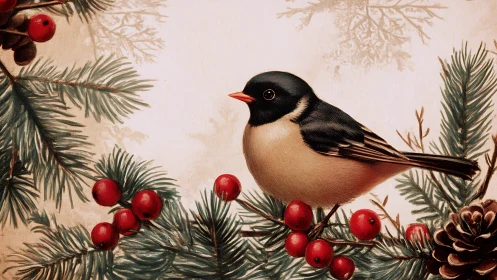 Songbird rests on winter pine branch with red berries