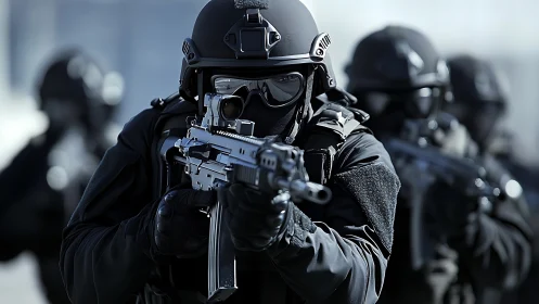 Tactical police unit advances with rifles in tight formation