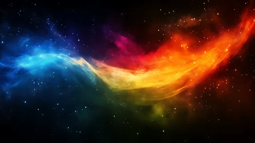 Colorful nebula stream curves across deep starry cosmos.