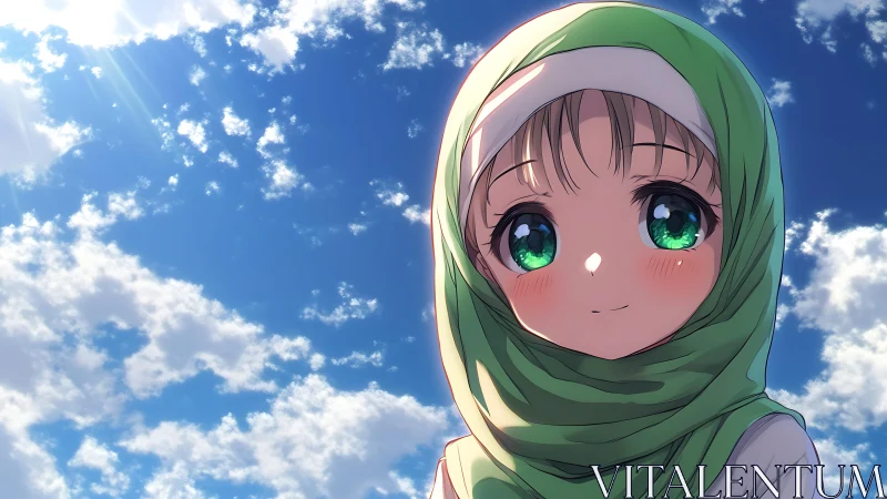 Girl in green hijab smiles softly beneath bright summer sky.